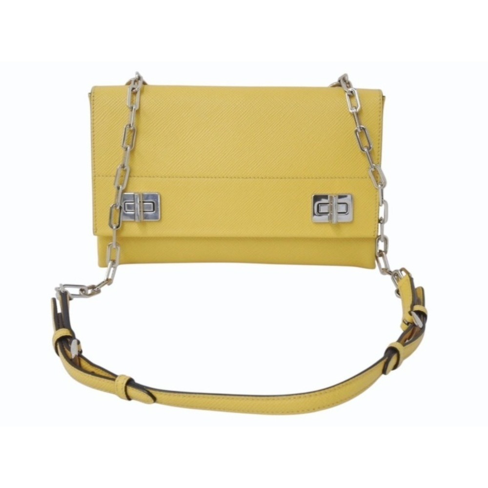 PRADA Chain Shoulder Bag Saffiano Leather Turnlock Yellow Logo Hardware Silver